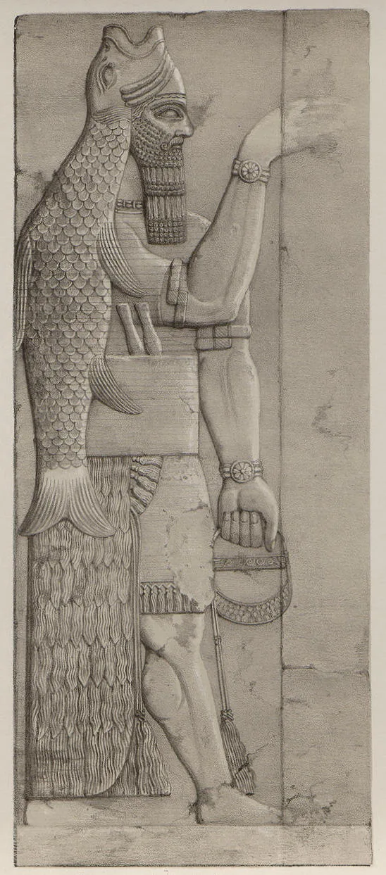 An Assyrian fish-cloaked figure with a human face beneath the fish's head and a long scaled fish skin falling down his back, holding a bucket.