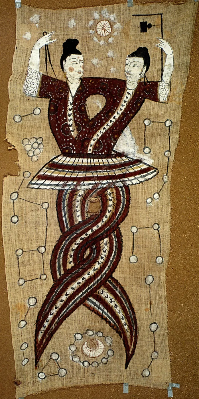 An Astana silk painting of Nüwa on the left with a compass and Fuxi on the right with a square, their serpent tails intertwined beneath human torsos, surrounded by sun, moon, and stars.