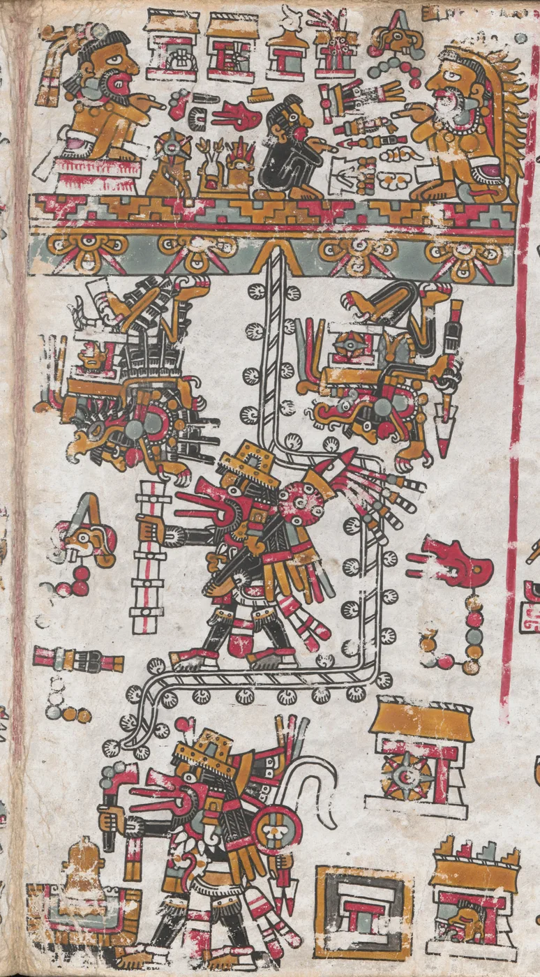 A painted Mixtec manuscript scene showing 9 Wind receiving sacred regalia above and descending along a feathered cord with a burden of sacred objects.