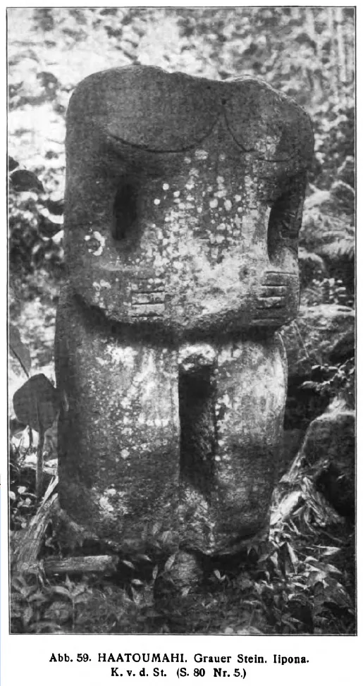 An old photograph of a headless tiki at Iipona, Hiva Oa, preserving clearly carved fingers on both sides of the abdomen.