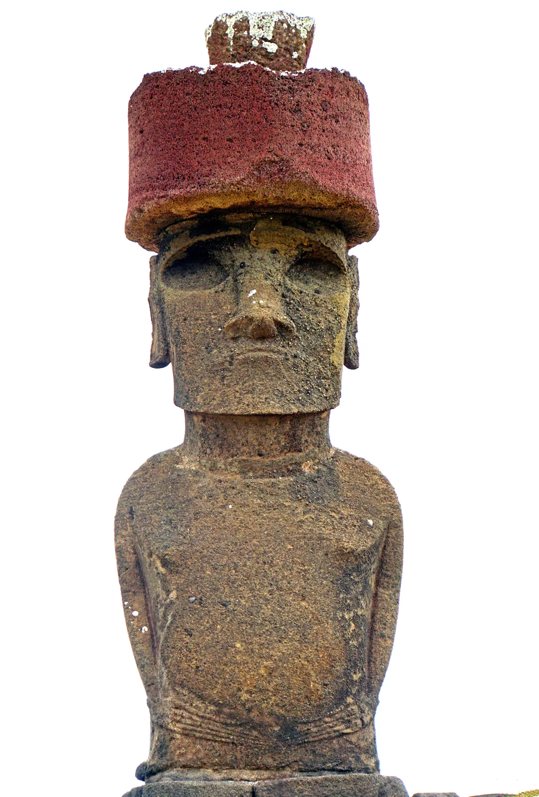 Frontal view of a moai at Ahu Nau Nau, Rapa Nui, with a red pukao and long fingers carved across the lower torso.