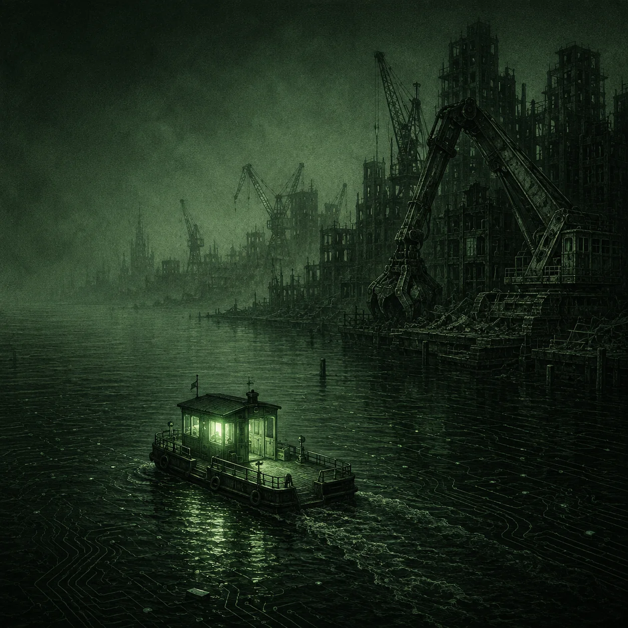 AI-generated illustration · OpenAI ImageGen A small illuminated ferry departs a dismantled estuary city beneath abandoned cranes.