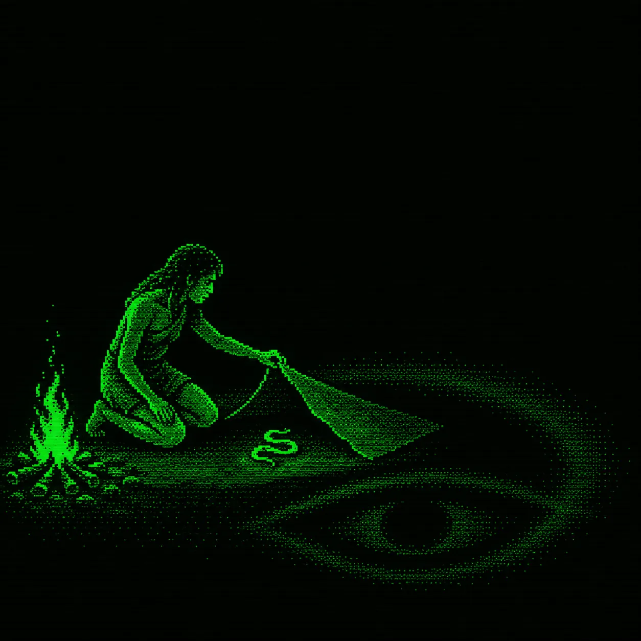 A prehistoric woman lifts a hide beside a snake and a fire; her shadow curls into an eye.