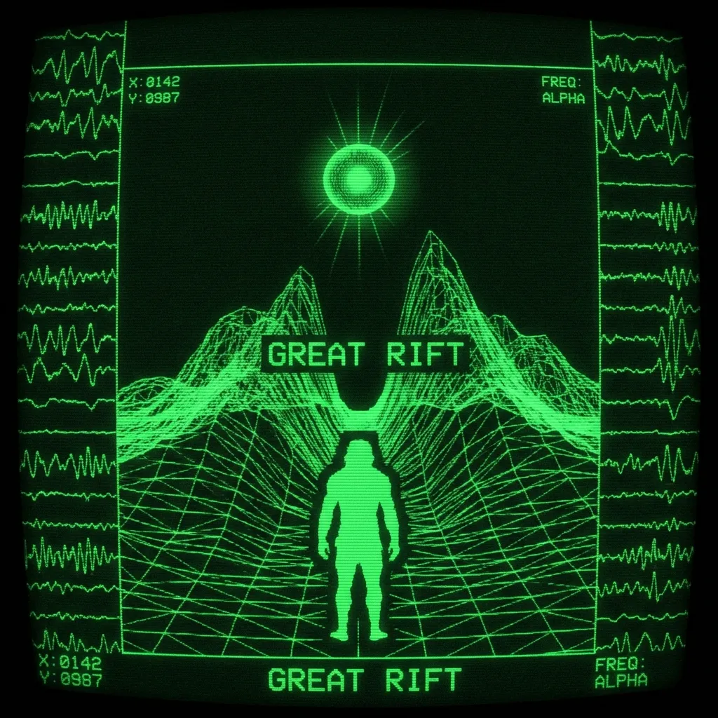 A mystical, esoteric illustration in dark green monochrome CRT terminal aesthetic. A high-contrast silhouette of an early human stands at the edge of …