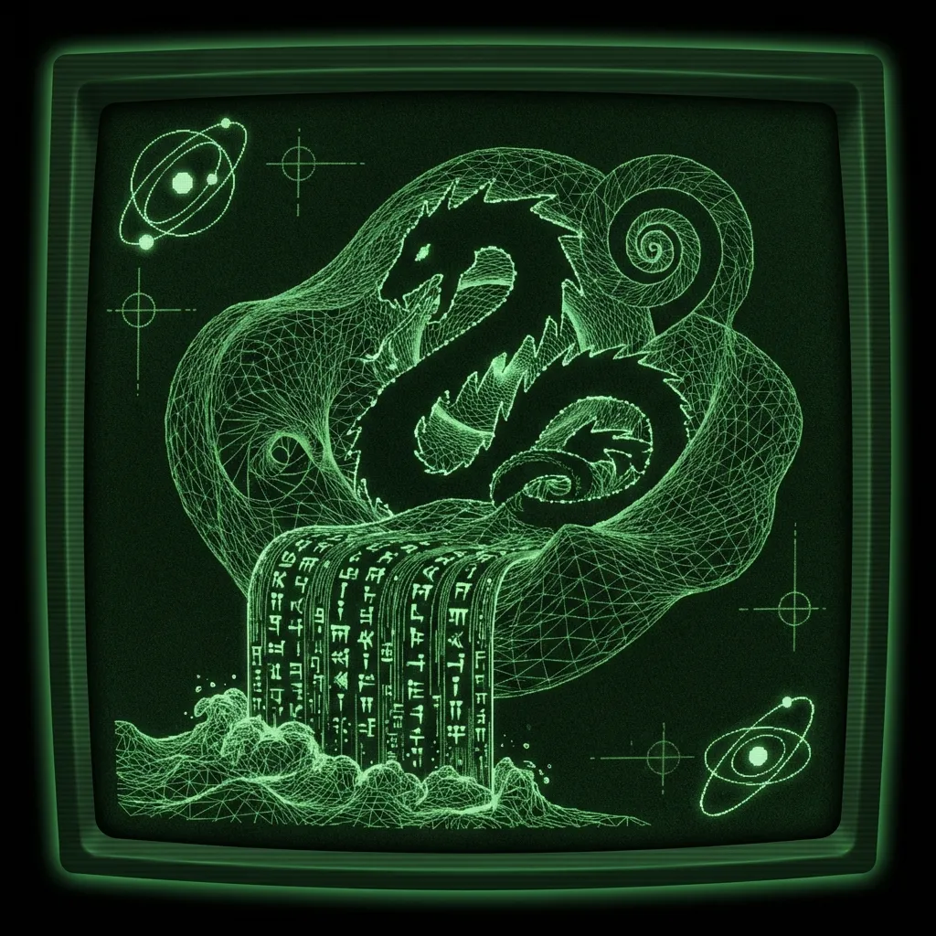 A mystical, esoteric illustration in dark green monochrome CRT terminal aesthetic. A high-contrast silhouette of a massive serpent coiling deep within …