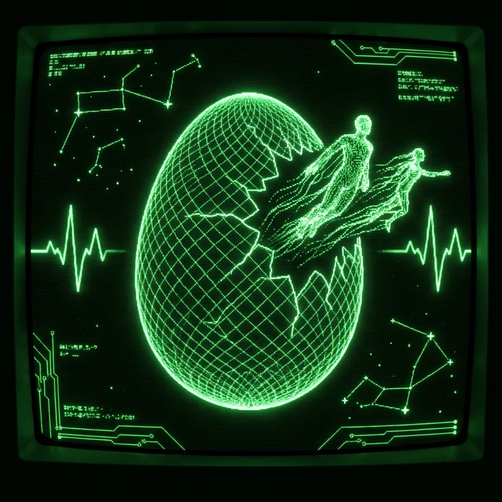 A mystical, esoteric illustration in dark green monochrome CRT terminal aesthetic. A glowing green 3D wireframe geometry of a large cosmic egg, its …