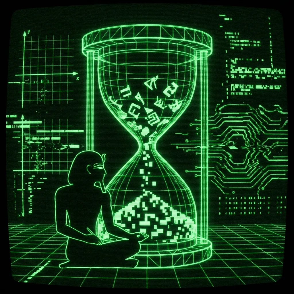 A mystical, esoteric illustration in dark green monochrome CRT terminal aesthetic (#00e300 on #0a0a0a). A 3D green wireframe map of Africa and the …
