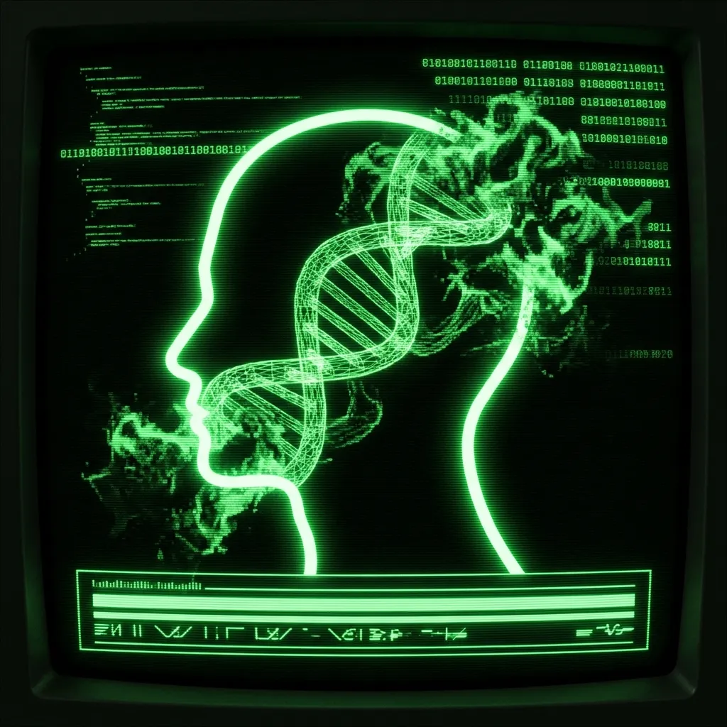 A mystical, esoteric illustration in dark green monochrome CRT terminal aesthetic. A high-contrast silhouette of a human head from the side, with the …