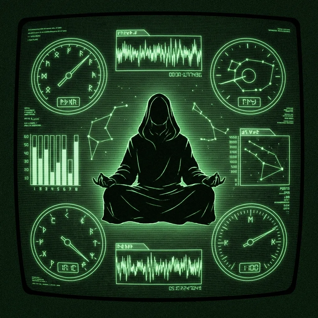 AI-generated cover A mystical, esoteric illustration in dark green monochrome CRT terminal aesthetic. A 3D green wireframe 'dashboard' or 'equalizer' with multiple …