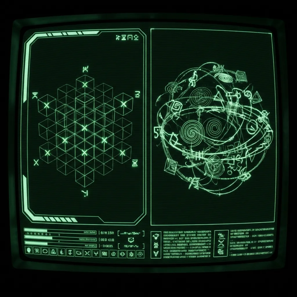 A mystical, esoteric illustration in dark green monochrome CRT terminal aesthetic. A split-screen 3D wireframe comparison. Left side: A simple …