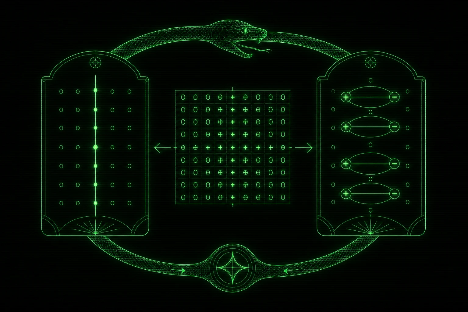 The correct Weil-form decomposition: aligned on-line points and mirrored off-line pairs are kept on separate tablets.