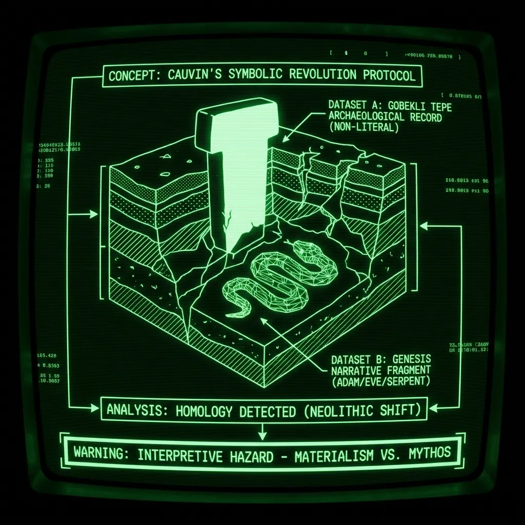 A schematic overlay of two distinct data sets. A stylized, layered archaeological cross-section with a silhouette of a T-pillar at its core fragments …