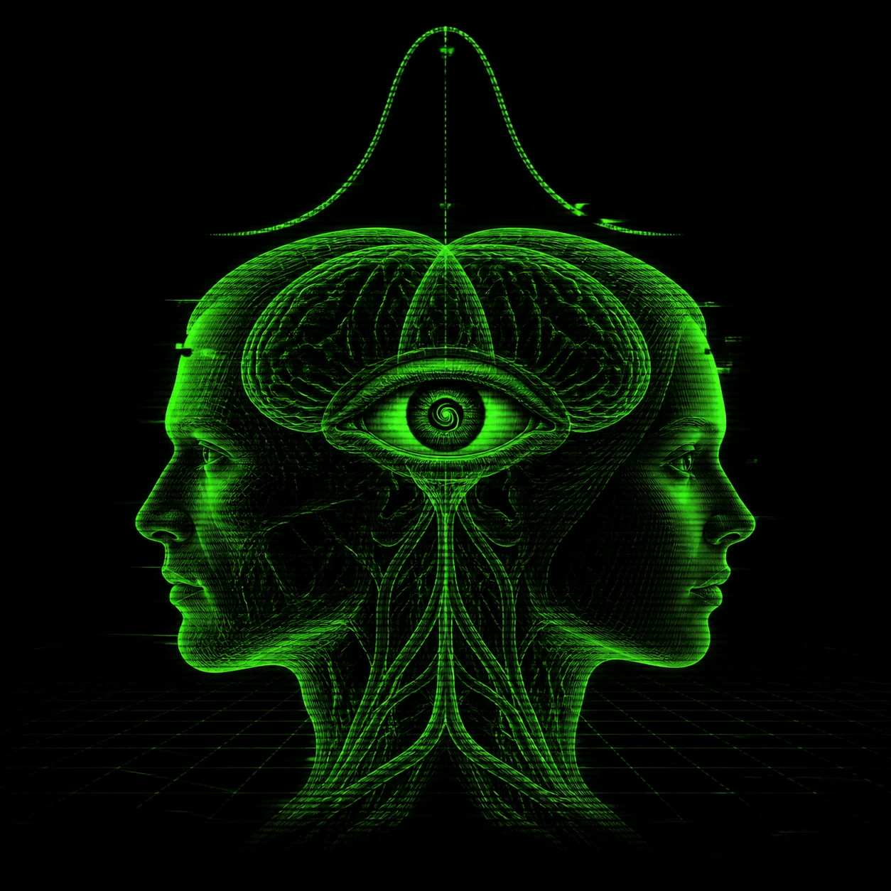 A classified Janus biometric scan shares one forbidden spiral eye beneath a broken probability curve on a hostile 1980s terminal.