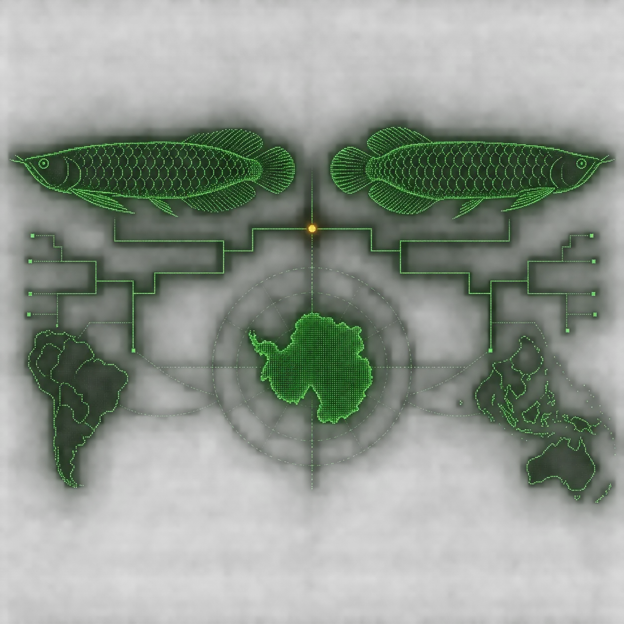 Two mirrored green phosphor arowanas bracket Antarctica and a branching tree.