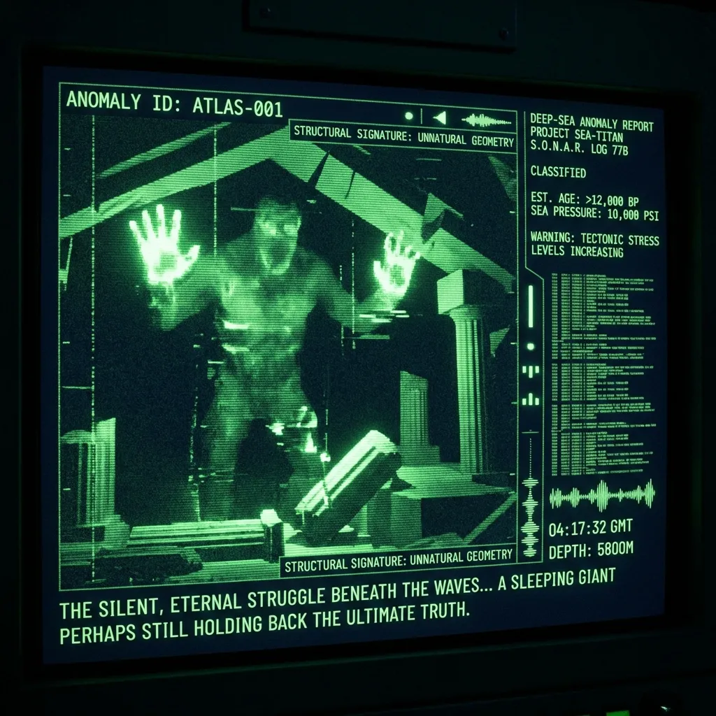 A dynamic, high-resolution sonar-acoustic scan fragments across the display. The image reveals a massive, humanoid form (Atlas) deep beneath the ocean …