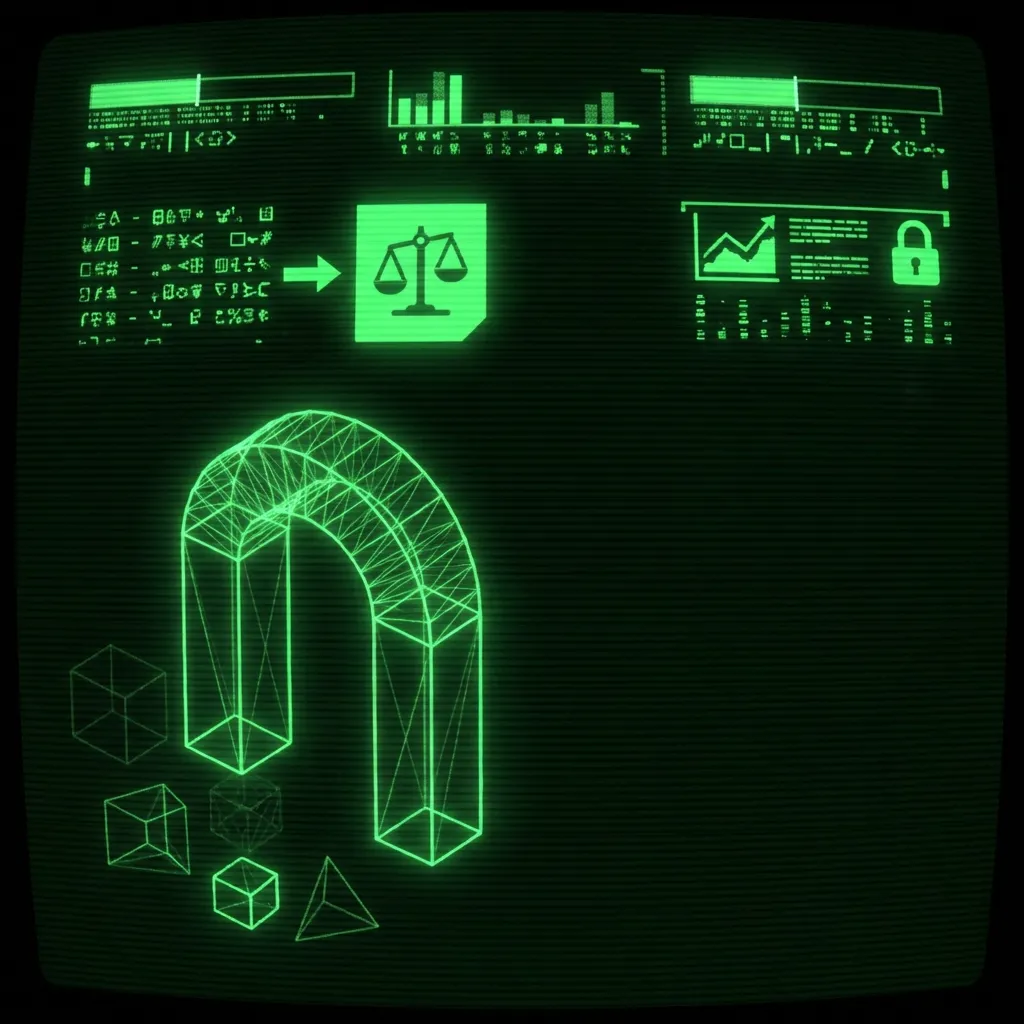 A mystical, esoteric illustration in dark green monochrome CRT terminal aesthetic. A large 3D wireframe block representing the word 'ATONEMENT' in …