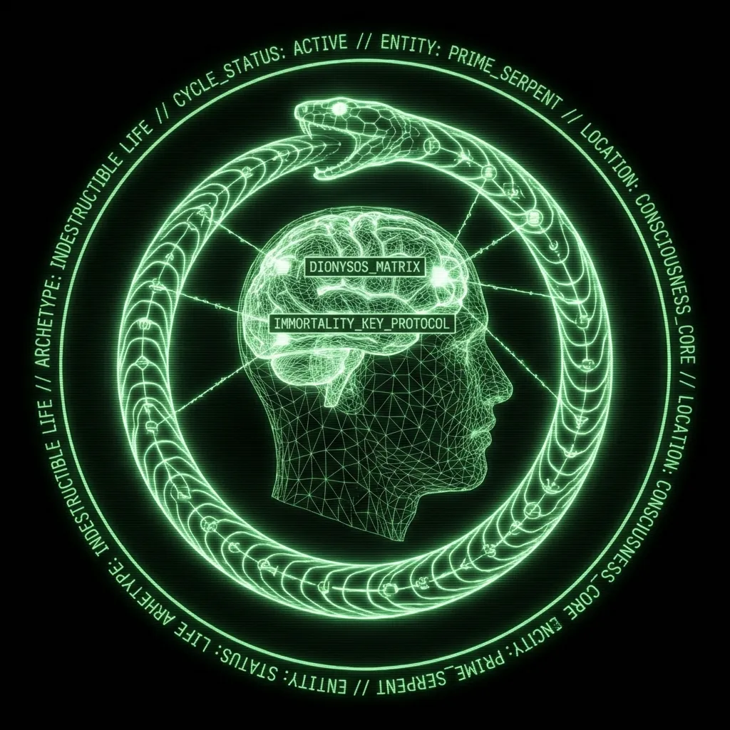 A stylized, glowing ouroboros serpent coils endlessly around a fragmented, wireframe human head. The serpent's body pulses with data streams, forming …