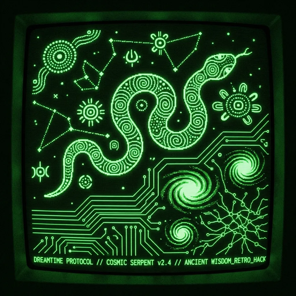 A mystical, esoteric illustration in dark green monochrome CRT terminal aesthetic. The Rainbow Serpent rendered in glowing green phosphor against dark …