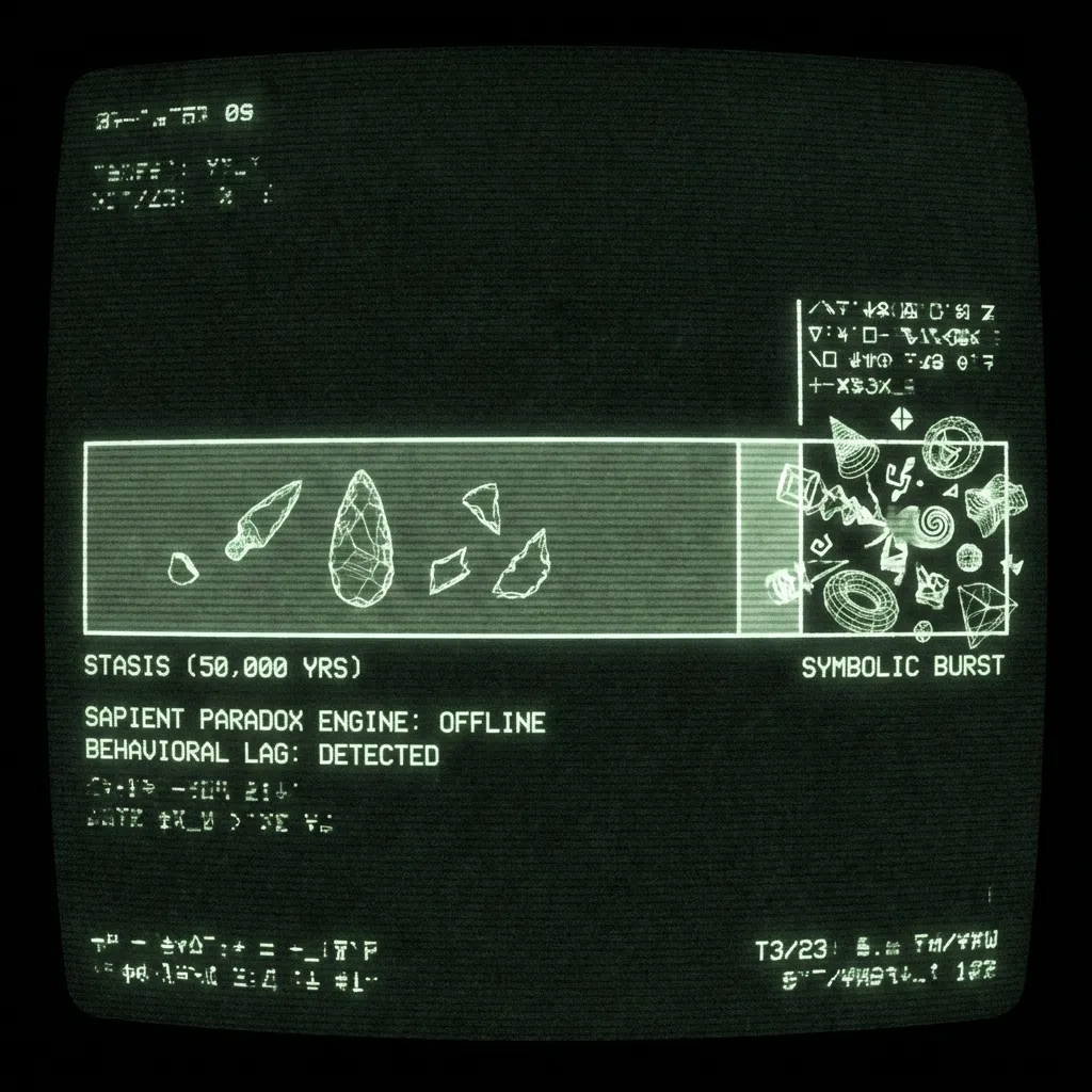 A mystical, esoteric illustration in dark green monochrome CRT terminal aesthetic. A long 3D wireframe horizontal timeline spanning 65,000 years. A …