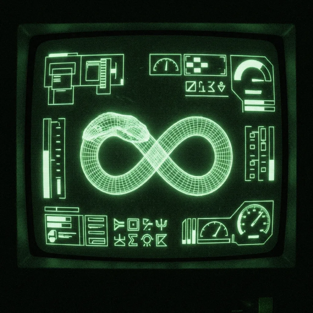 A mystical, esoteric illustration in dark green monochrome CRT terminal aesthetic. A 3D wireframe Rainbow Serpent coiled into a mathematical infinity …