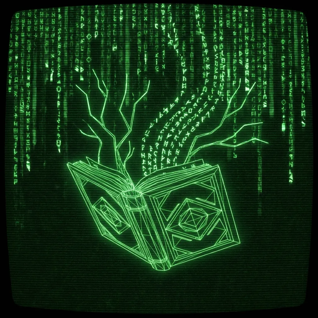 AI-generated cover A mystical, esoteric illustration in dark green monochrome CRT terminal aesthetic. A 3D green wireframe geometry of an ancient open manuscript, its …