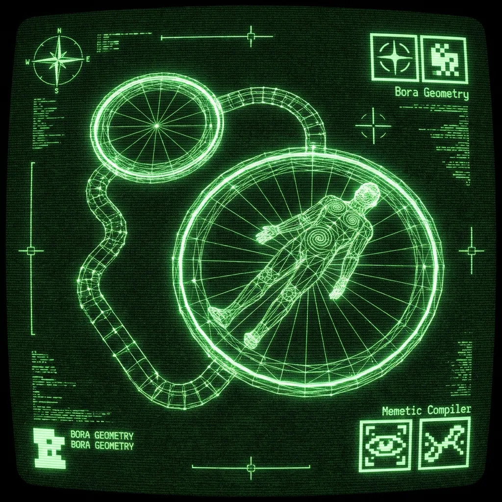 A mystical, esoteric illustration in dark green monochrome CRT terminal aesthetic. A top-down 3D wireframe view of a Bora ceremonial ground (two …