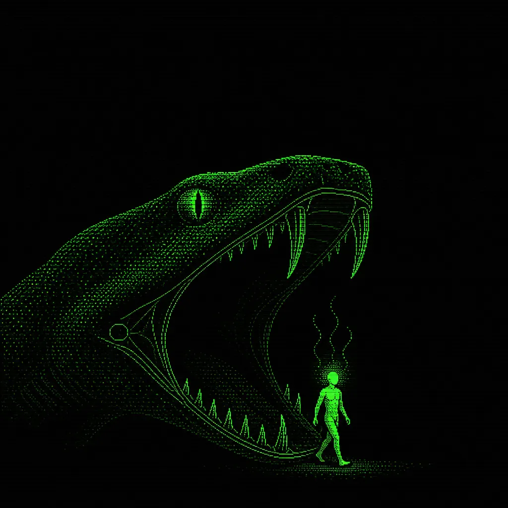 A small bald human figure walks out of a giant serpent's open jaws, heat rising from his scalp, in green phosphor pixel art.