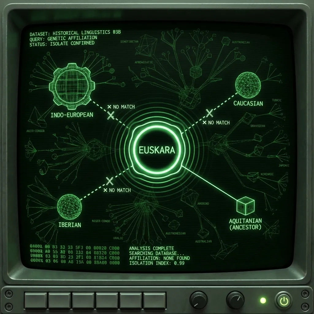A vast, interconnected wireframe network diagram representing global language families. At the center, 'EUSKARA' pulses, prominently isolated. Dotted, …