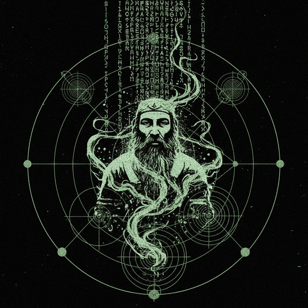 AI-generated cover A mystical, esoteric illustration in dark green monochrome CRT terminal aesthetic. A bearded human figure, part priest-king, part deity, representing …