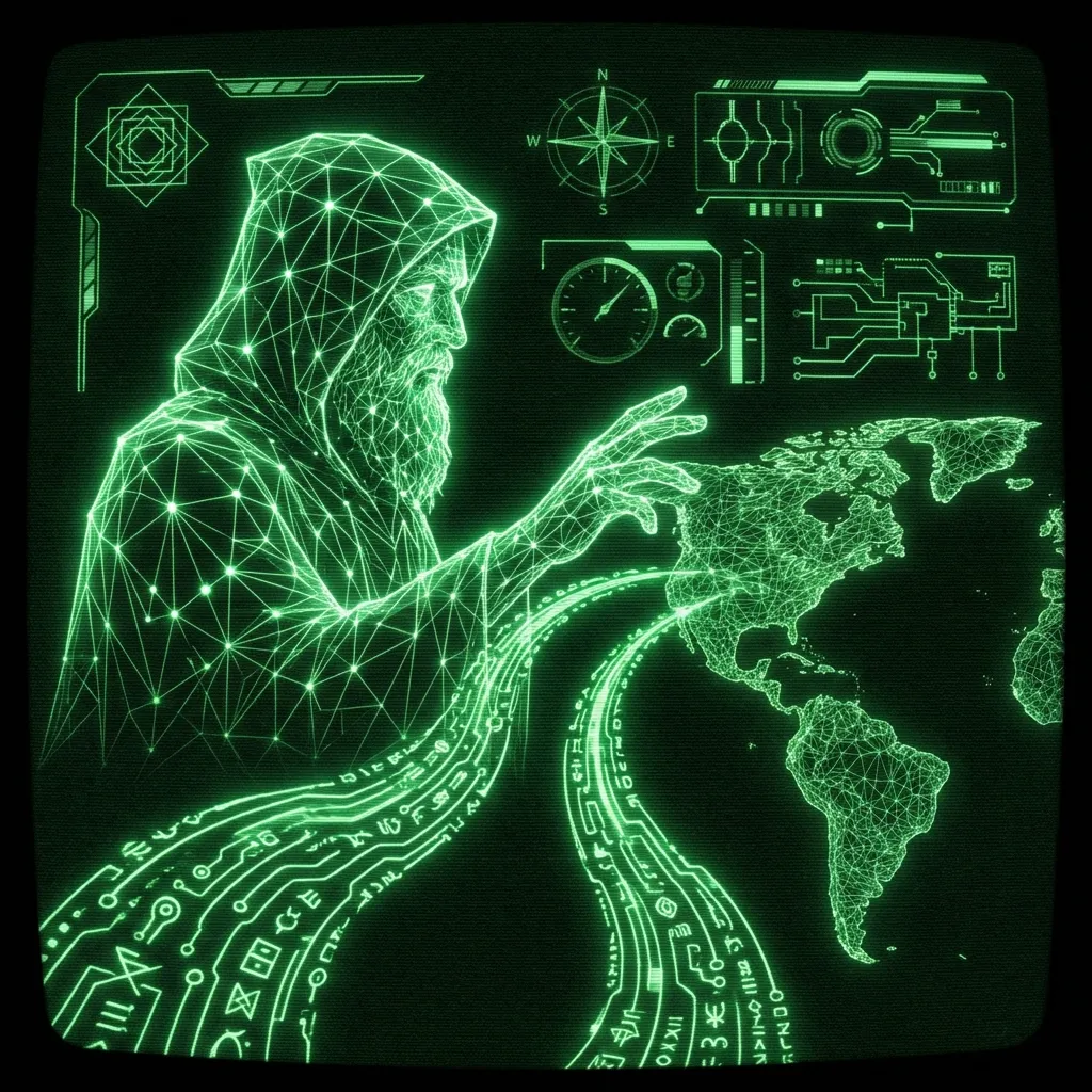 AI-generated cover A mystical, esoteric illustration in dark green monochrome CRT terminal aesthetic (#00e300 on #0a0a0a). A high-contrast silhouette of a bearded figure …