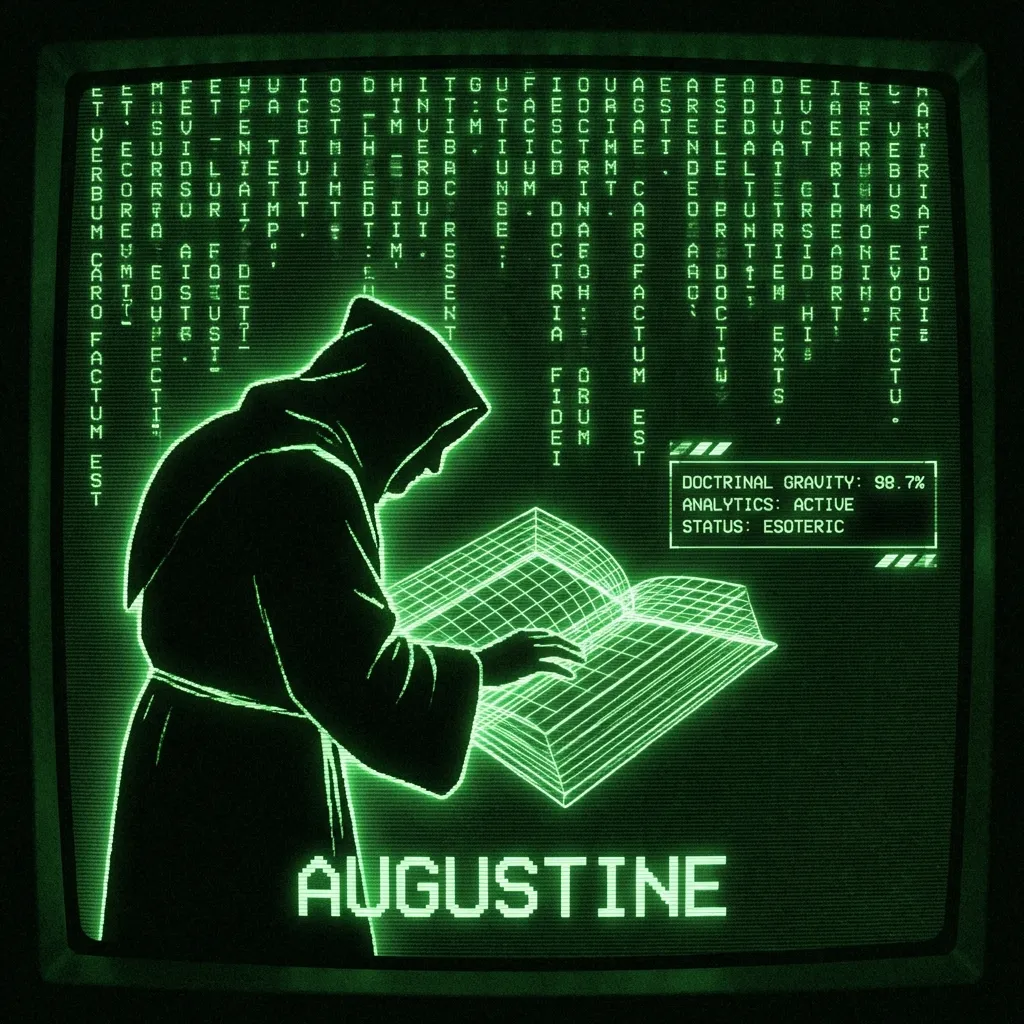 A mystical, esoteric illustration in dark green monochrome CRT terminal aesthetic (#00e300 on #0a0a0a). A high-contrast silhouette of a medieval monk …