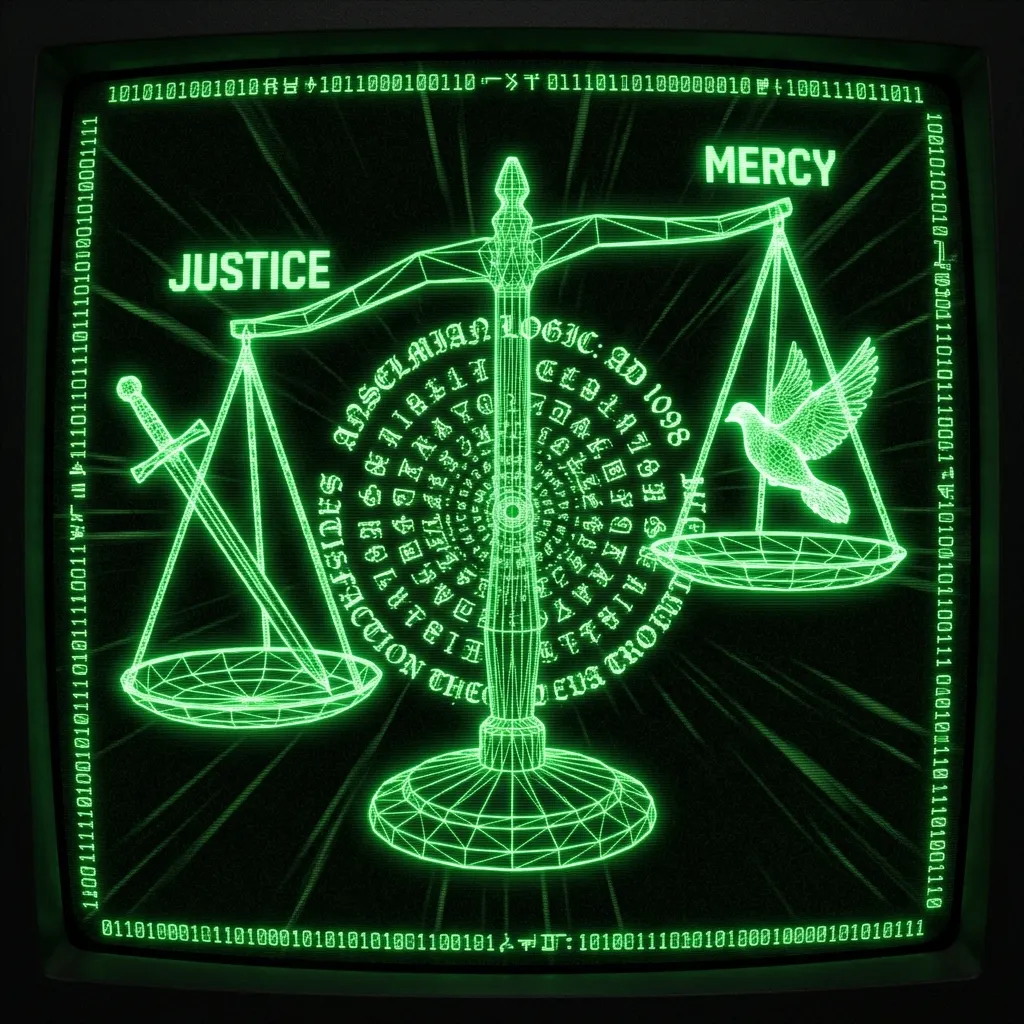 AI-generated cover A mystical, esoteric illustration in dark green monochrome CRT terminal aesthetic. A macro 3D wireframe balance scale. On one side, a phosphor sword …