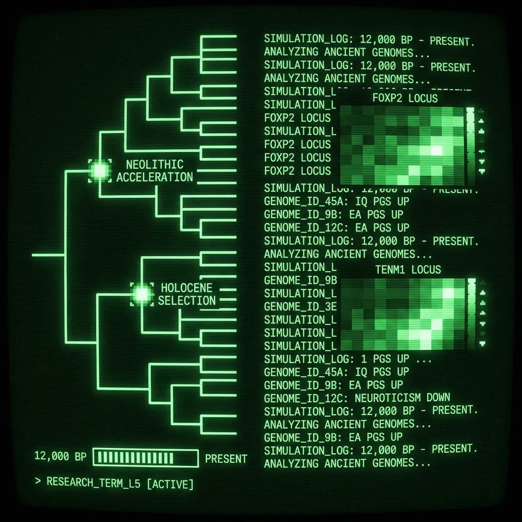A scrolling genetic research log display. A phylogenetic tree of human populations slowly grows across the screen, branching, with color-coded nodes …