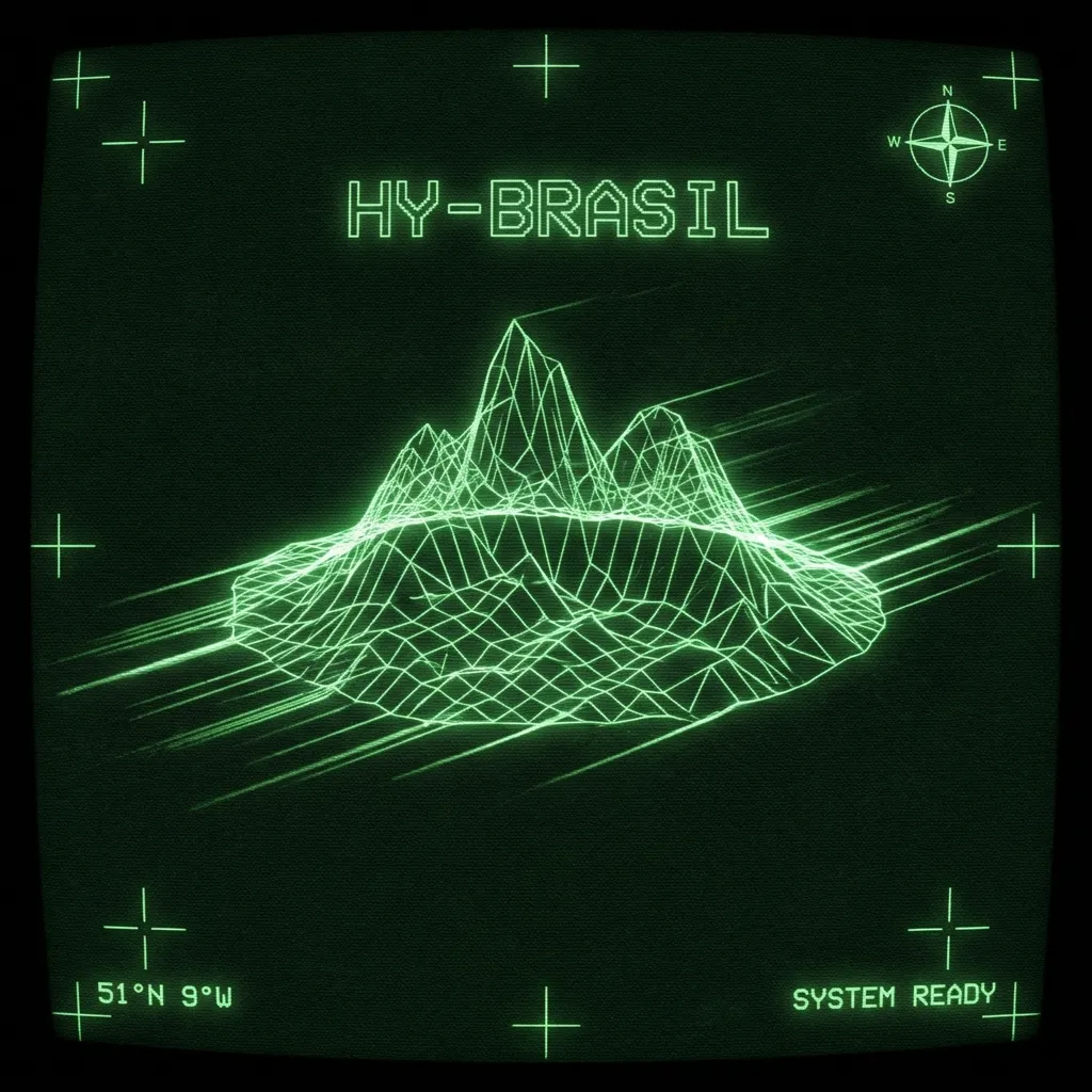 A mystical, esoteric illustration in dark green monochrome CRT terminal aesthetic. The phantom island of Hy-Brasil is captured from a extreme …