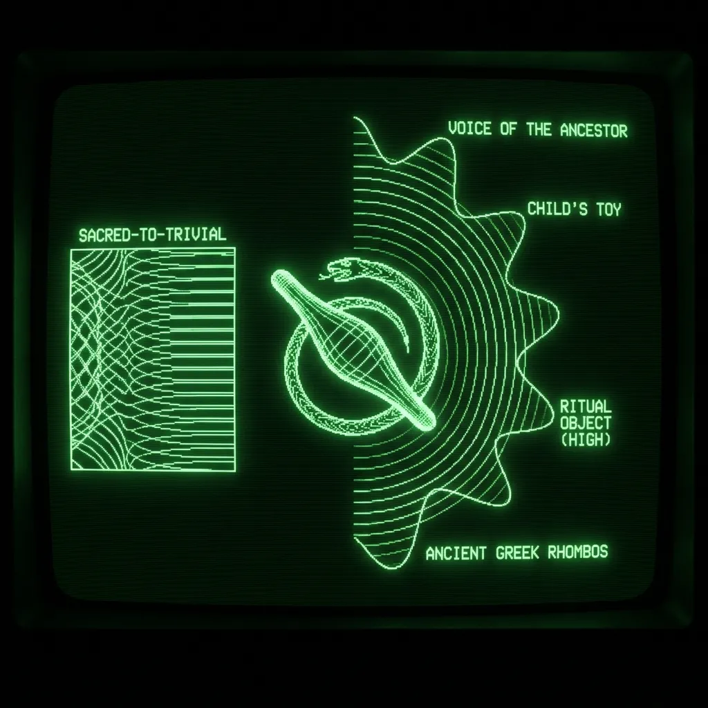 AI-generated cover A stylized, rotating bullroarer icon, rendered as a complex wireframe, pulses at the center of a digitized ancient codex display. From its edges, a …