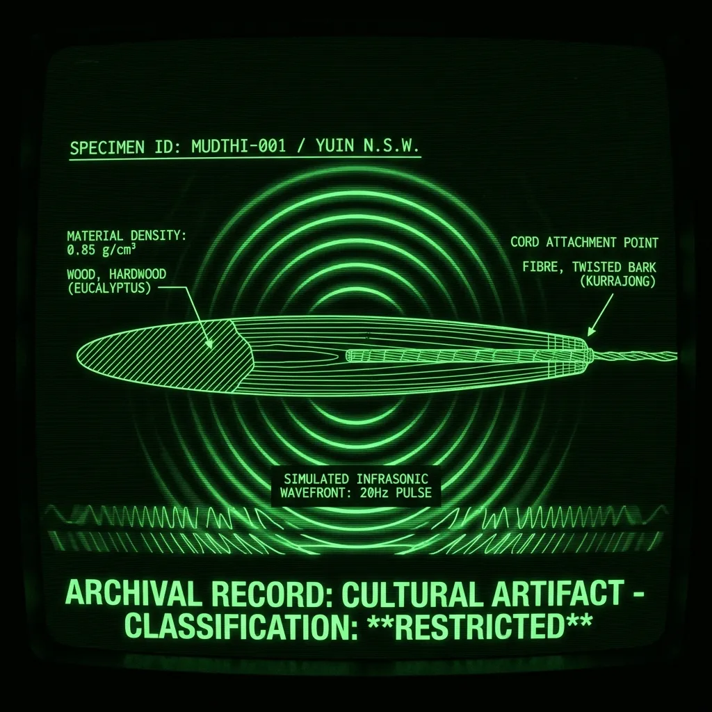 A cross-sectional wireframe diagram of a bullroarer, labeled 'SPECIMEN ID: MUDTHI-001 / YUIN N.S.W.' with technical annotations showing material …