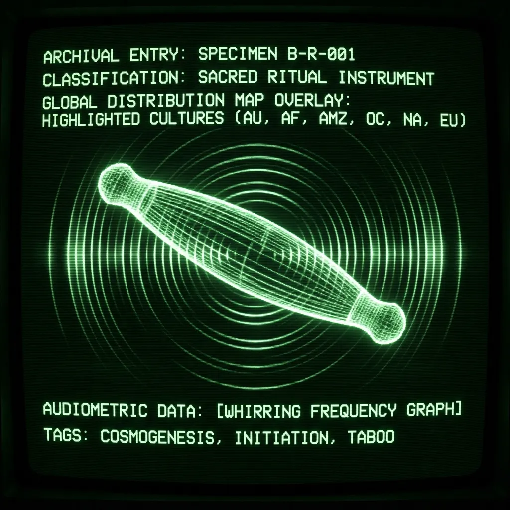 A wireframe schematic of a bullroarer spins rapidly at the center, emitting a pulsating frequency diagram that expands outwards. This is an …