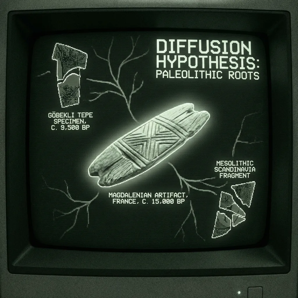 An archaeological database scan reconstructs a Paleolithic bullroarer, its geometric engravings pulsing faintly. Fragments of other ancient bullroarer …