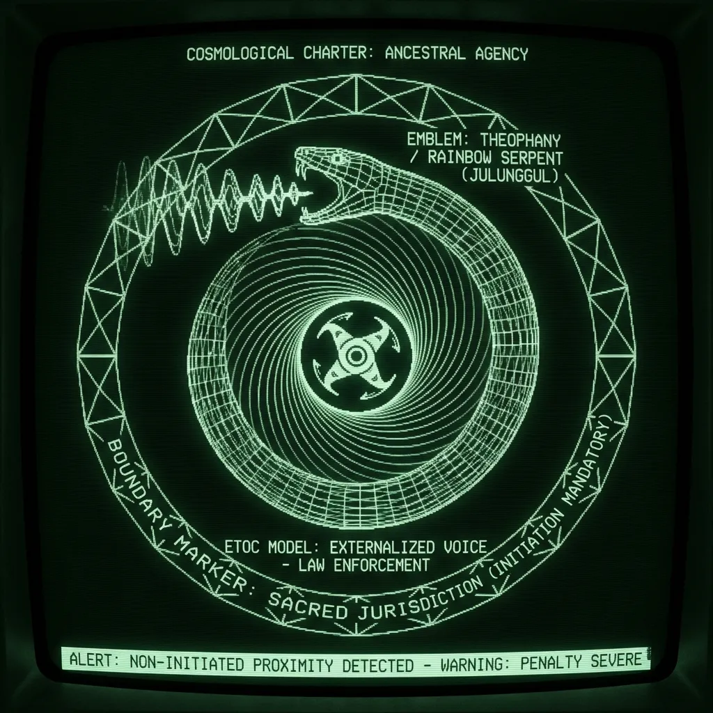 A complex, interlocking wireframe diagram on a cartographic terminal display. At the center, a stylized bullroarer shape generates radiating, …