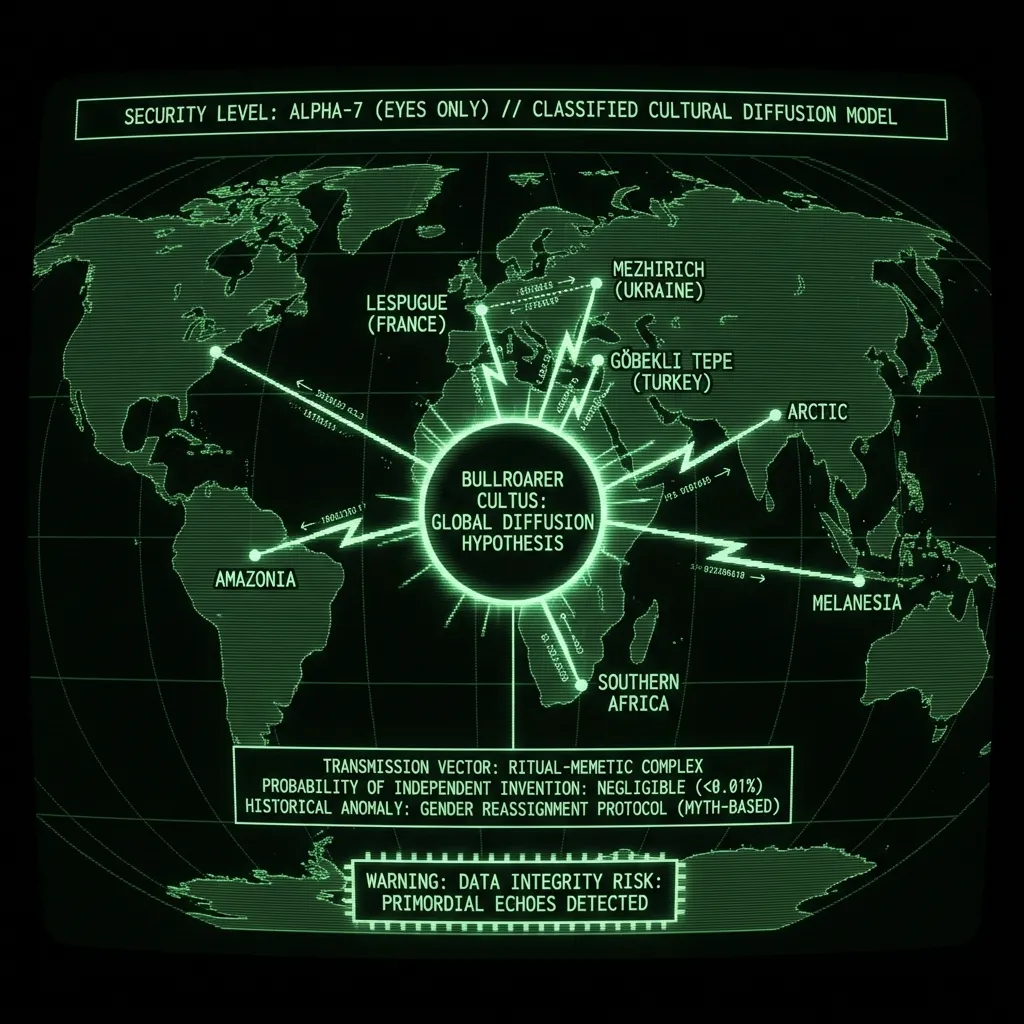 A complex, interconnected network diagram showing cultural transmission pathways across a distorted global map. A central node labeled 'BULLROARER …