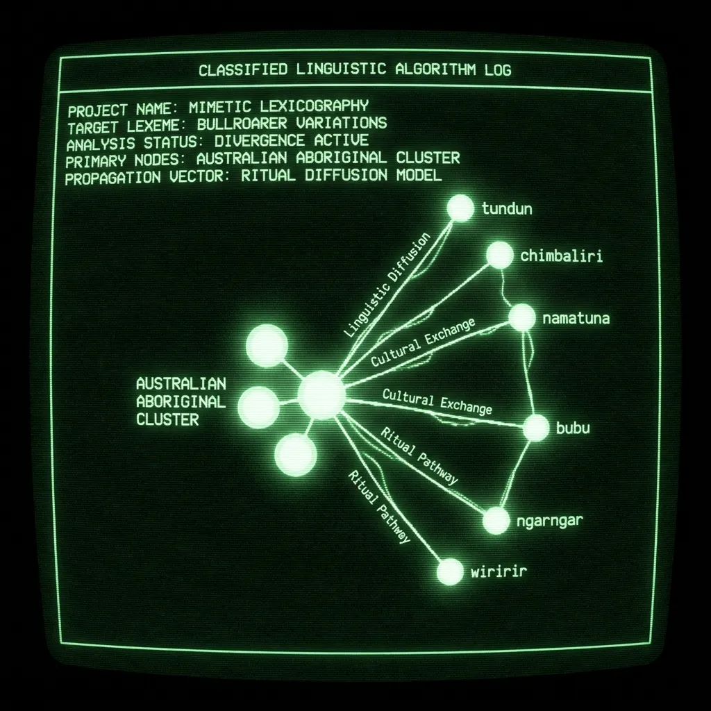 A complex, branching network diagram illustrates the 'LEXICAL TRANSMISSION PATHWAYS' of bullroarer names. Nodes glow and connect, representing …