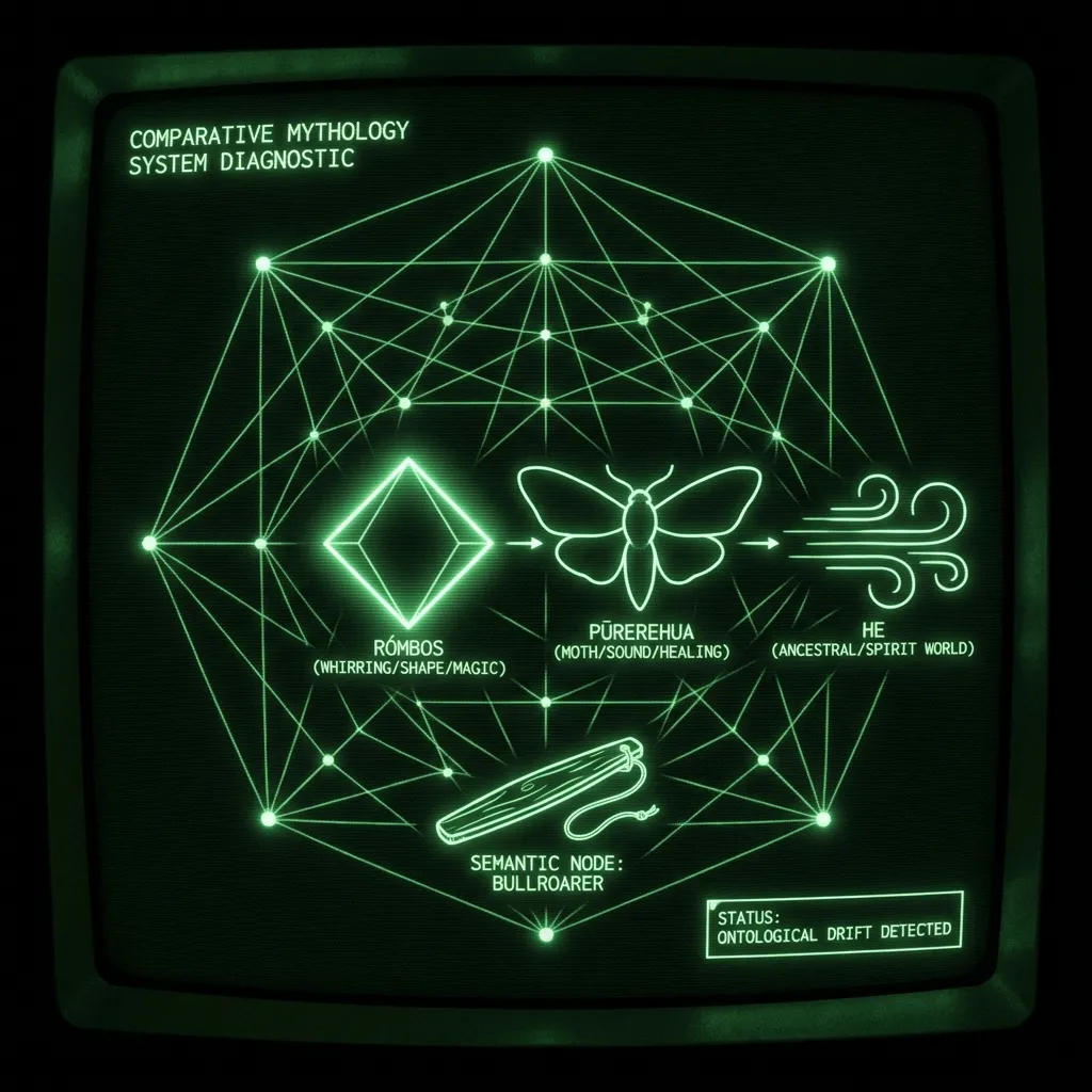 A comparative mythology system diagnostic displays an active semantic network map. A complex, interlocking wireframe diagram resonates with …