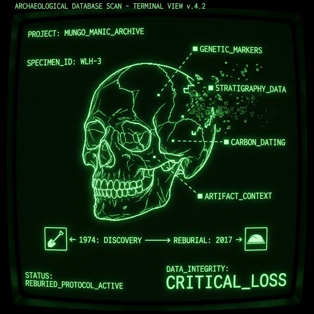 A wireframe schematic of a human skull, fractured and incomplete, with a timeline diagram below indicating 'DISCOVERY: 1974' and 'REBURIAL: 2017'. …