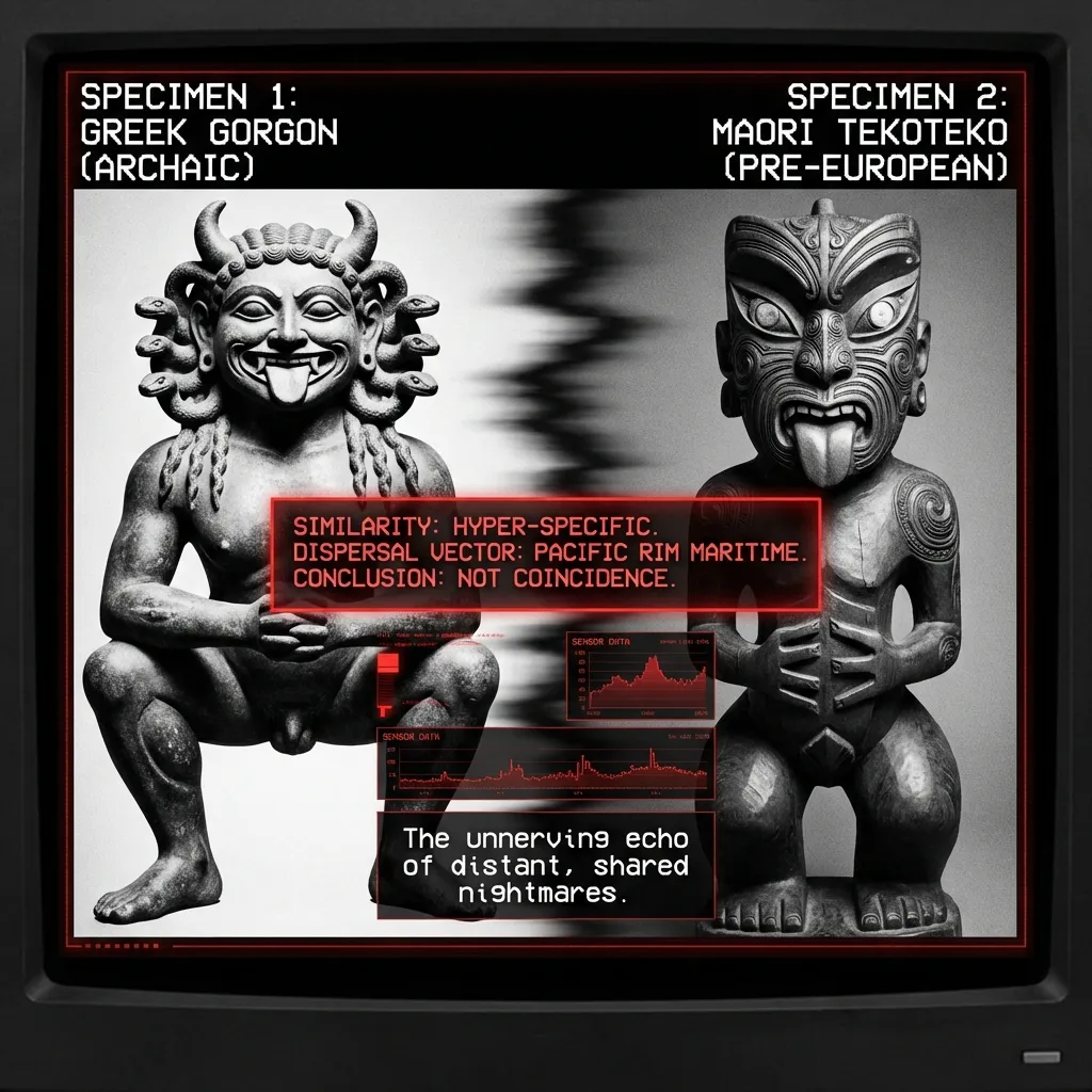 A forensic artifact comparison interface displays two ancient, squatting guardian figures in stark, high-contrast monochrome. The left figure, a …