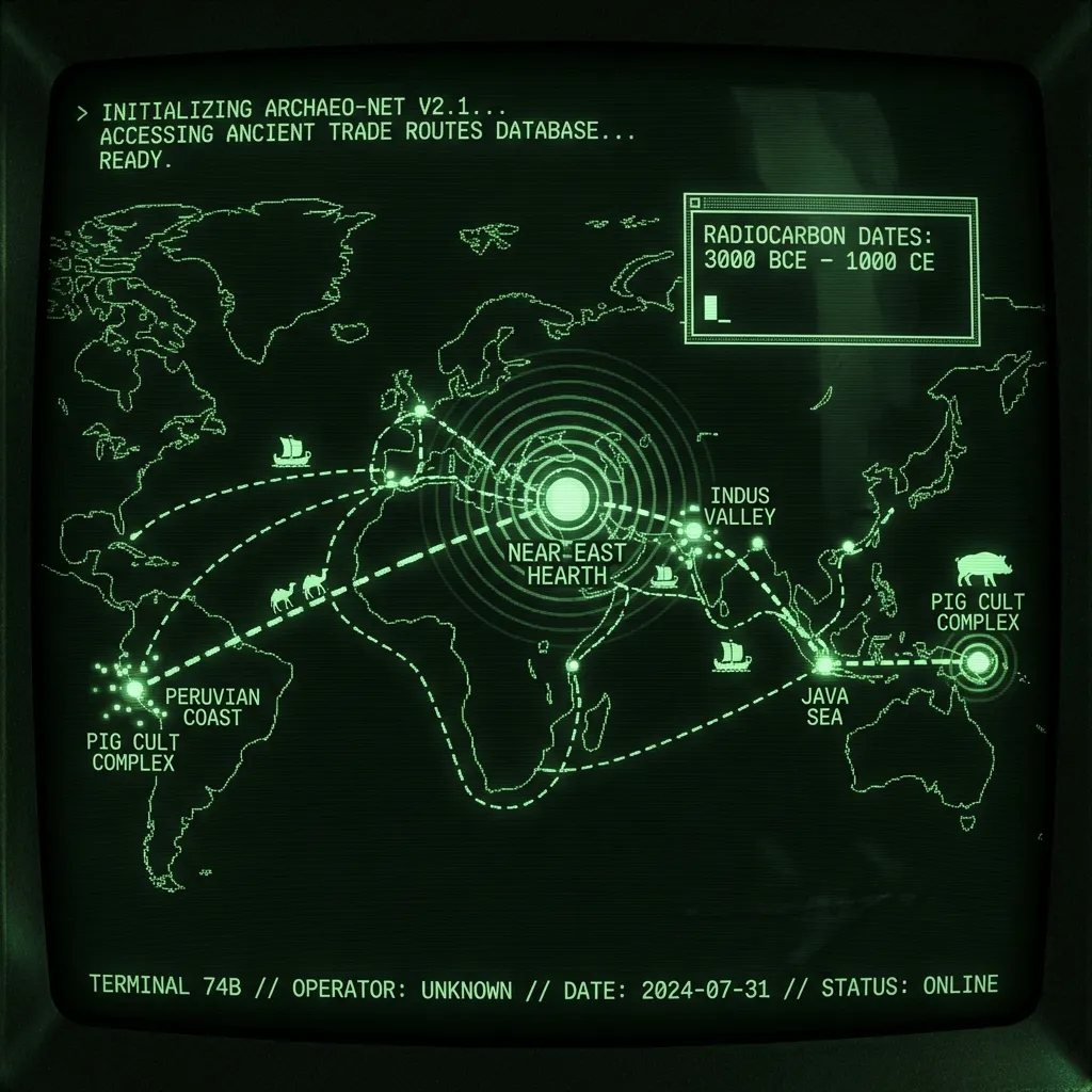 A digitized cartographic terminal display of ancient trade routes. Interconnected dashed lines representing maritime and overland paths *radiate* from …