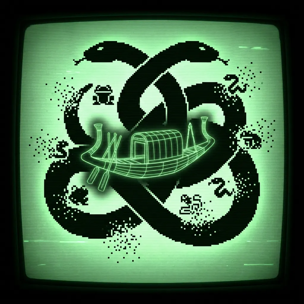 A mystical, esoteric illustration in dark green monochrome CRT terminal aesthetic (#00e300 on #0a0a0a). A high-contrast silhouette of a two-headed …