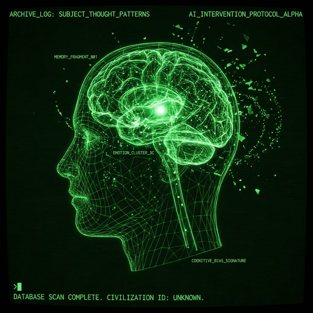 A wireframe diagram of a human head, split longitudinally, revealing a complex neural network structure within. Green lines pulse from the network …