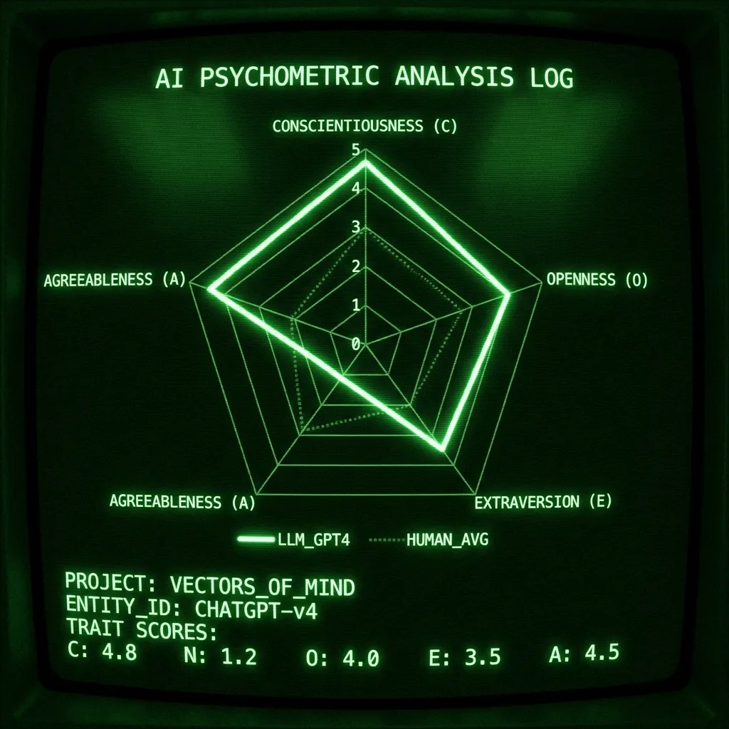 A wireframe radar chart plots the Big Five personality traits. A jagged green line representing 'LLM_GPT4' arcs prominently, indicating high …