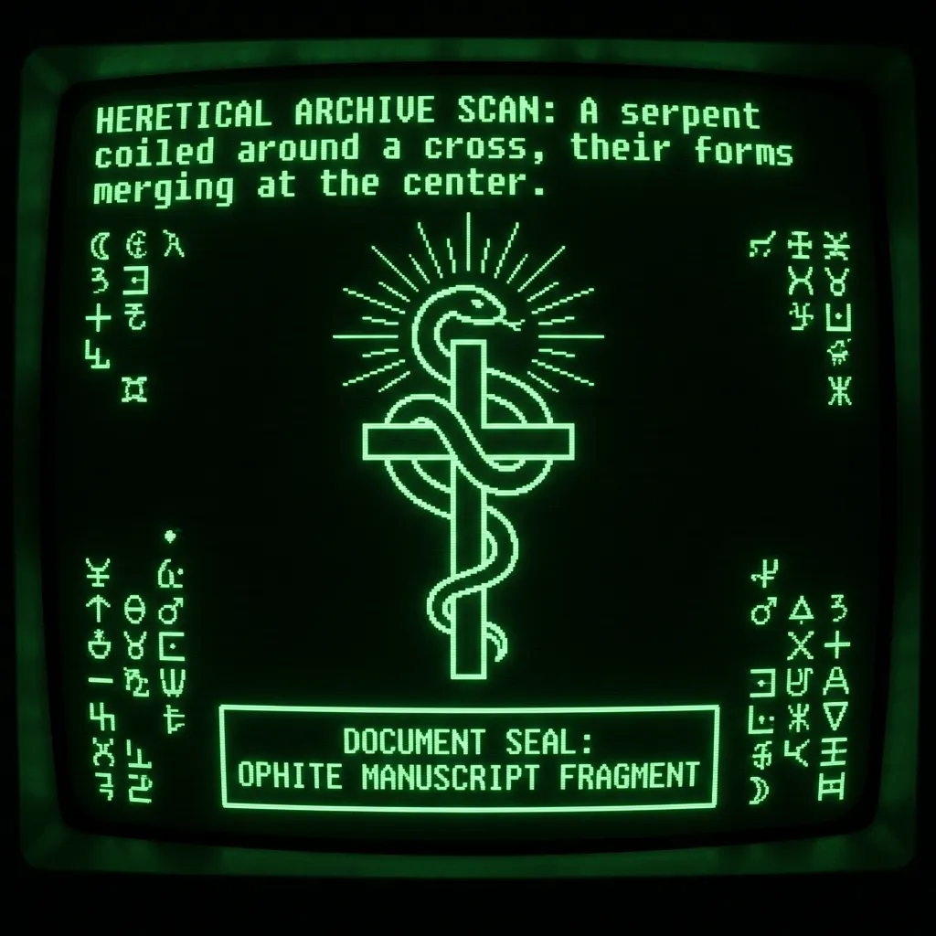 Monochrome phosphor green (#00e300) on pure black background. Retro terminal CRT aesthetic. HERESIOLOGICAL DATABASE ENTRY: A serpent ascending a tree, …