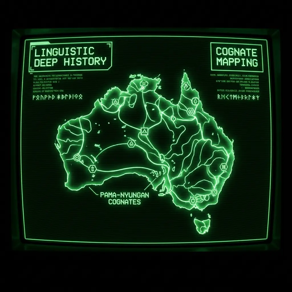 A mystical, esoteric illustration in dark green monochrome CRT terminal aesthetic (#00e300 on #0a0a0a). A 3D wireframe map of Australia with glowing …